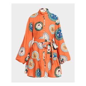 Palm Noosa Austin Orange Plates Flounce Linen Mini Dress